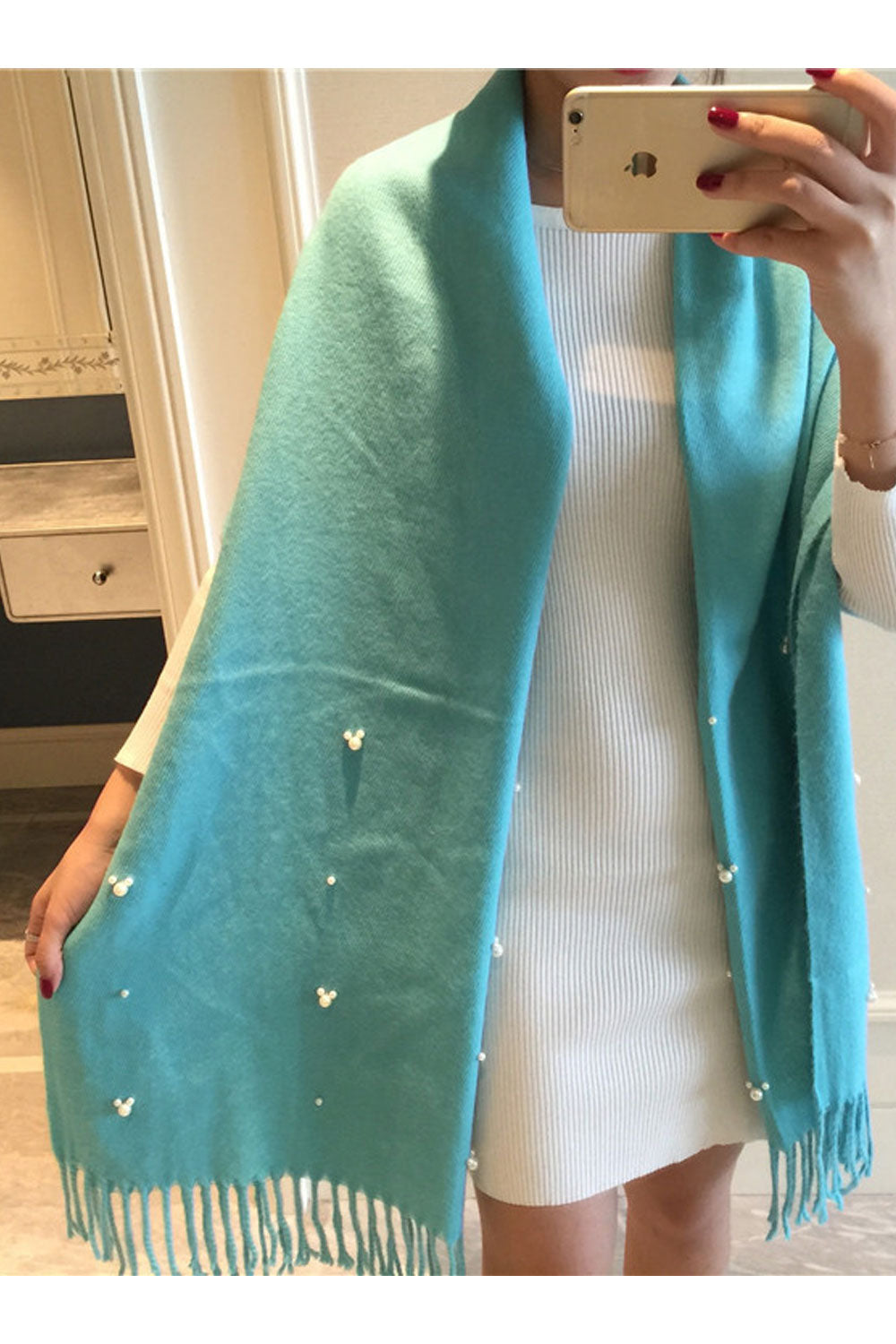 Women Solid Color Tassel Pearl Decorated Warm & Thick Shawl