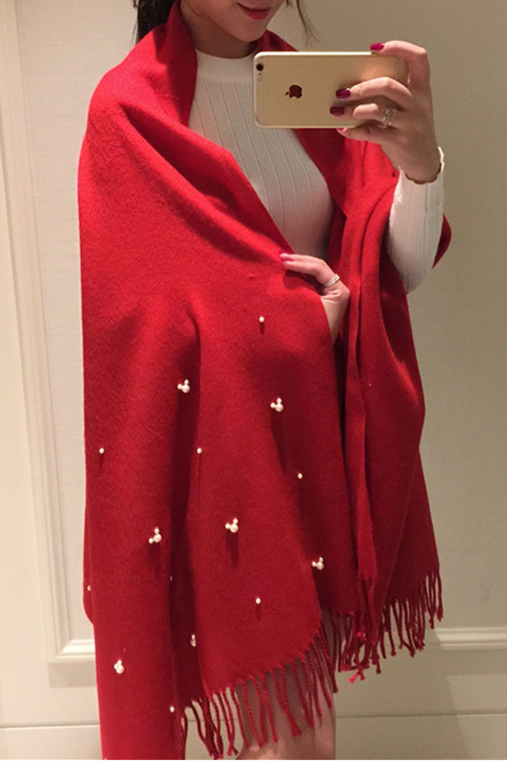 Women Solid Color Tassel Pearl Decorated Warm & Thick Shawl