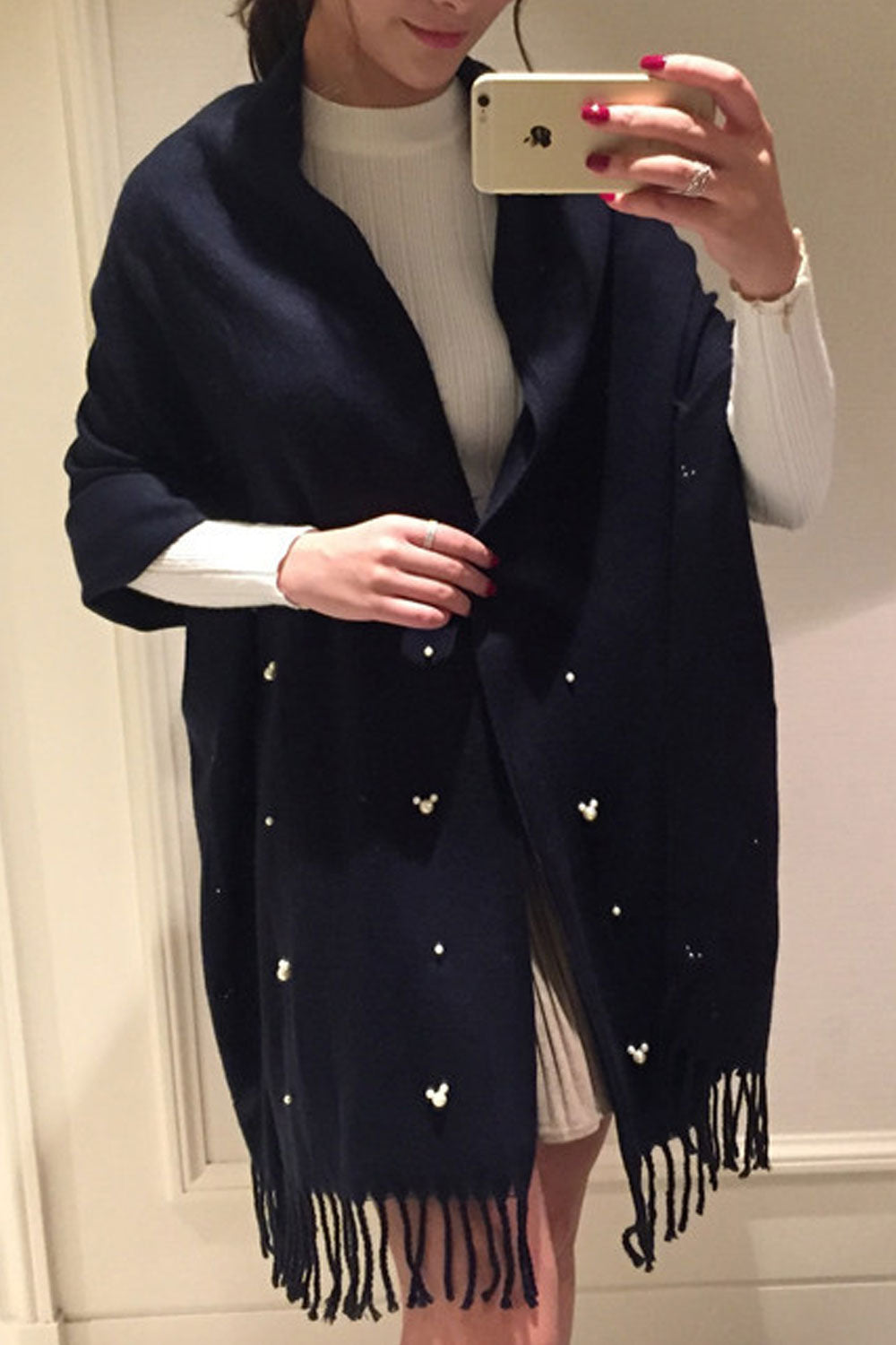 Women Solid Color Tassel Pearl Decorated Warm & Thick Shawl