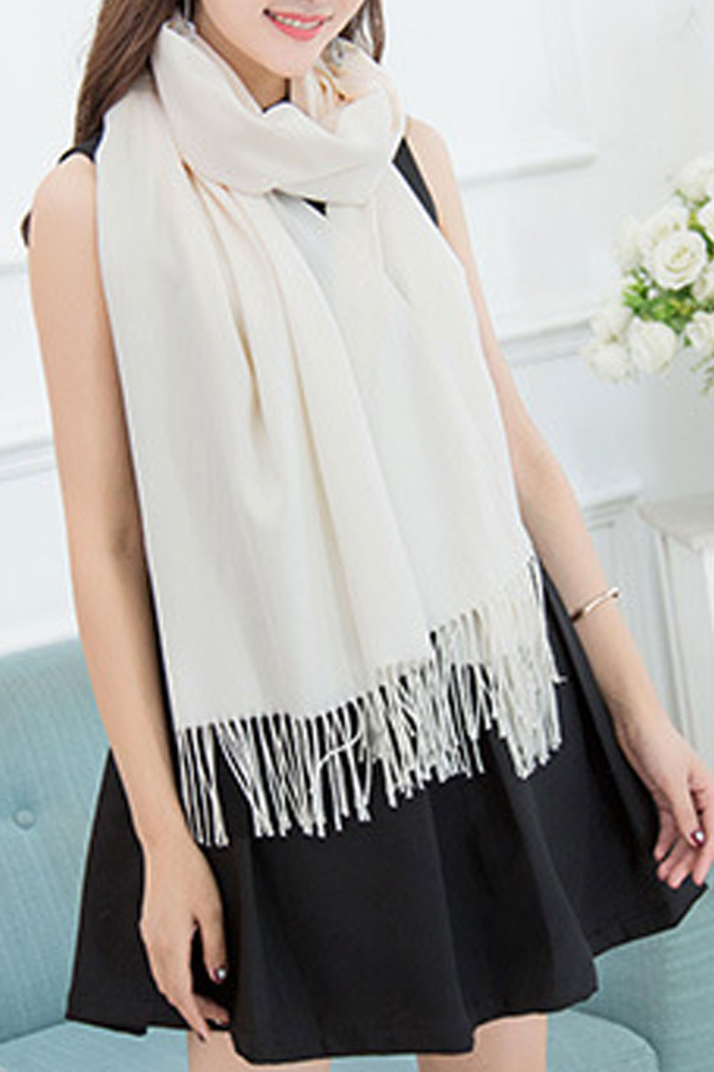 Women Elegant Solid Color Tassel Decorated Warm Shawl