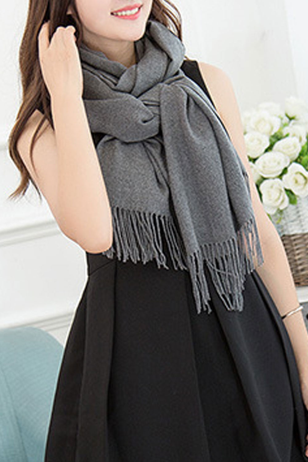 Women Elegant Solid Color Tassel Decorated Warm Shawl