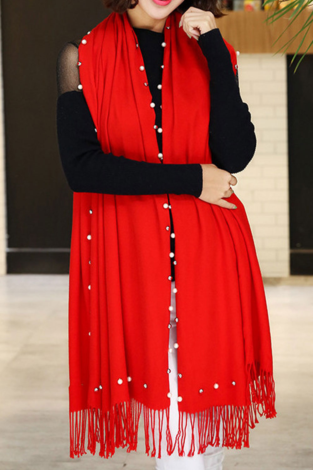 Women Solid Color Tassel Pearl Decorated Warm Shawl