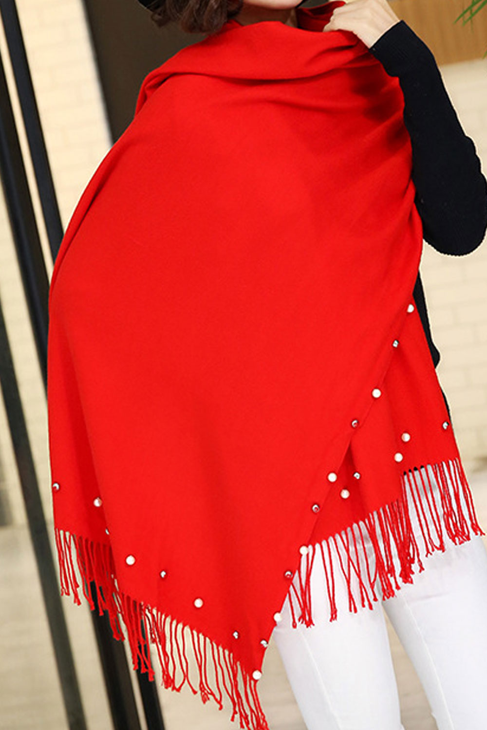 Women Solid Color Tassel Pearl Decorated Warm Shawl