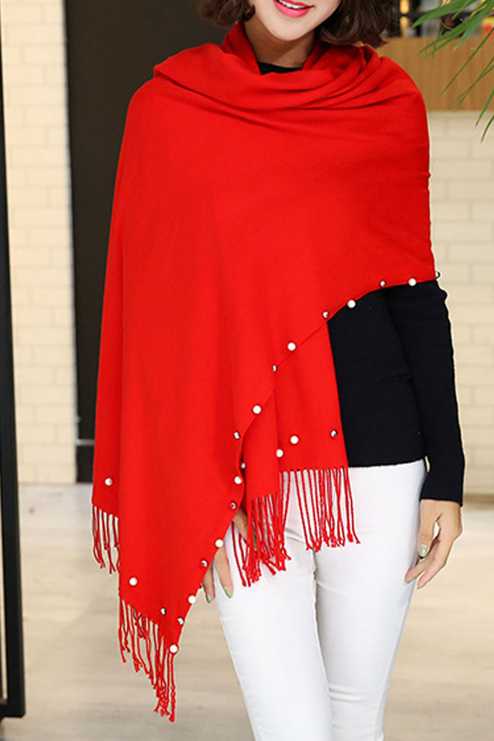 Women Solid Color Tassel Pearl Decorated Warm Shawl