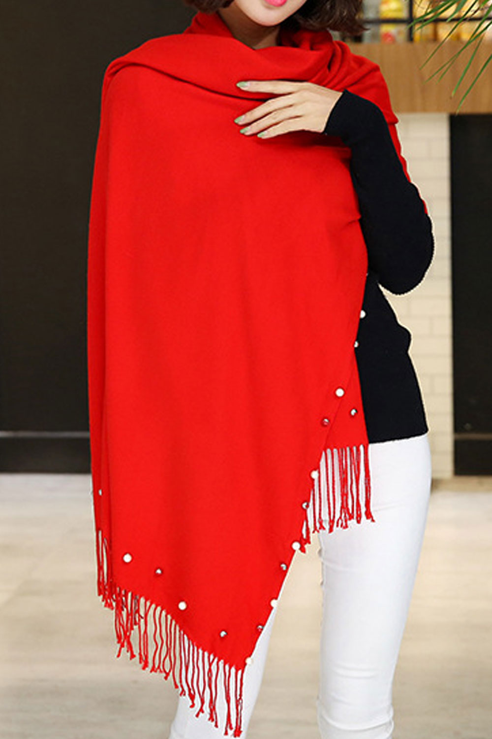 Women Solid Color Tassel Pearl Decorated Warm Shawl