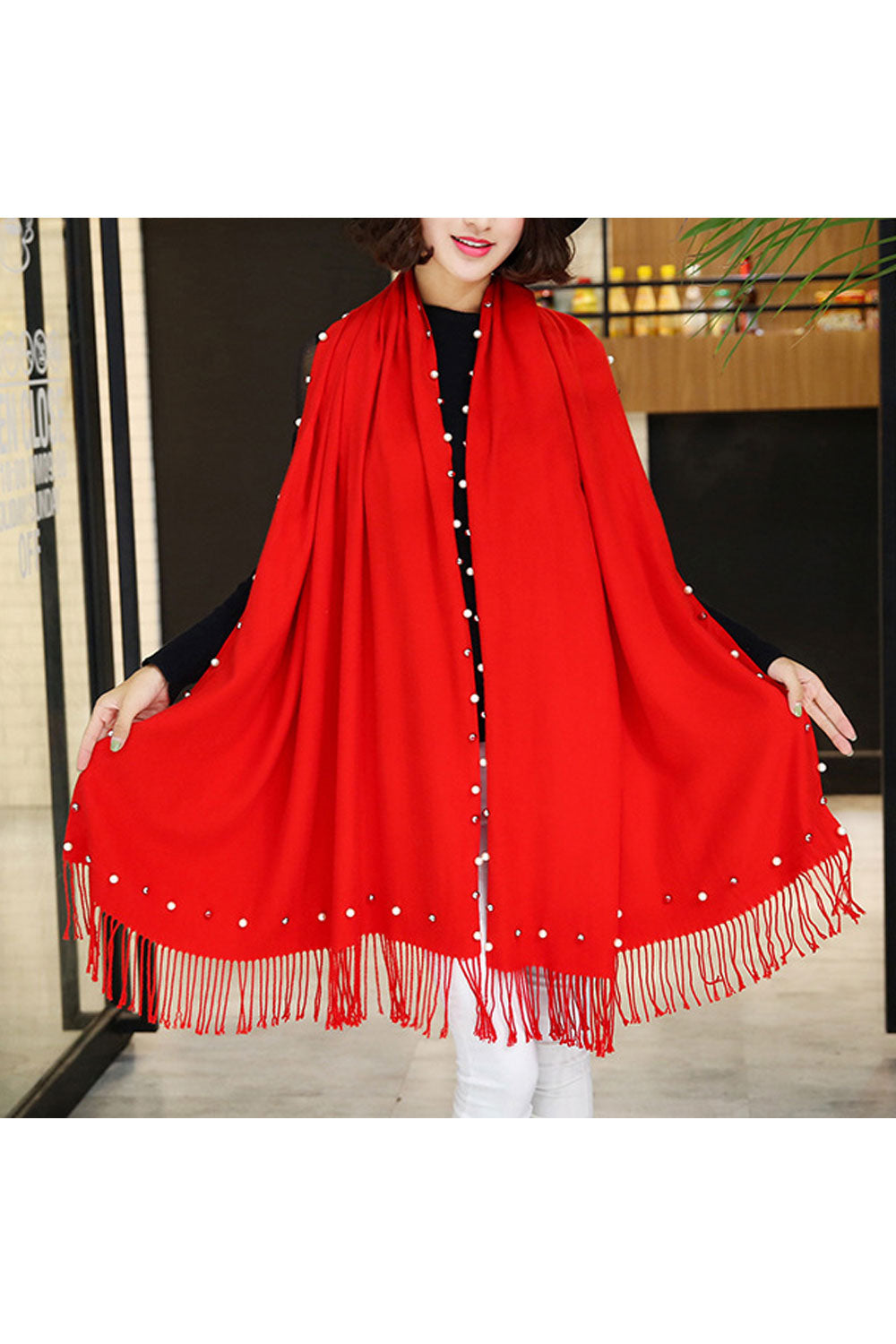 Women Solid Color Tassel Pearl Decorated Warm Shawl