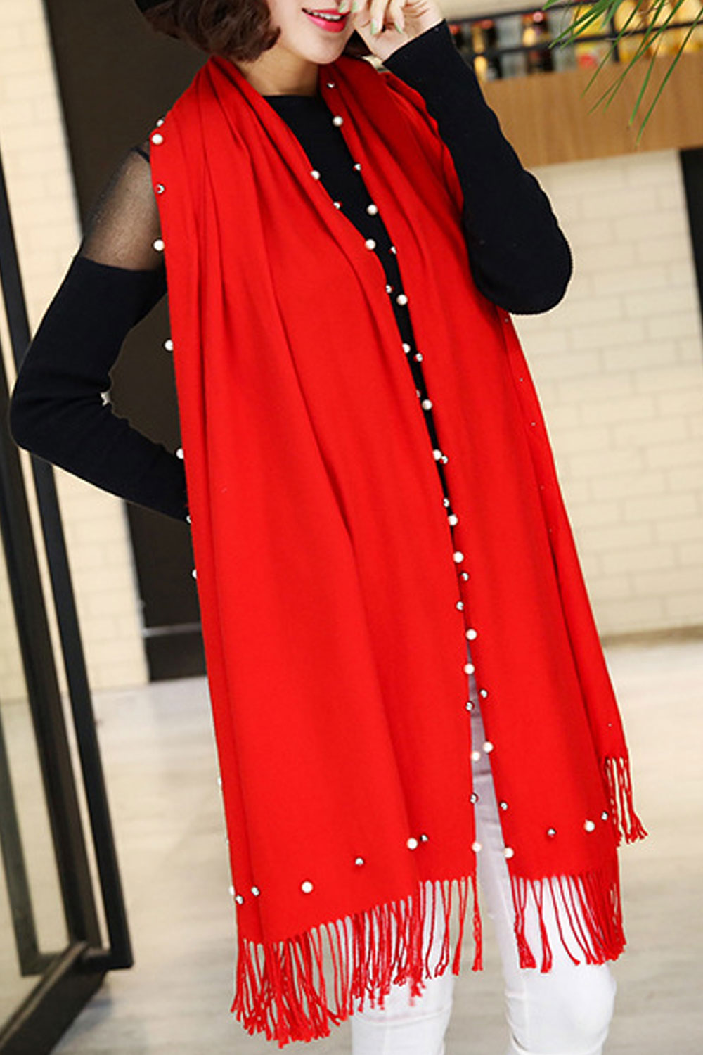 Women Solid Color Tassel Pearl Decorated Warm Shawl