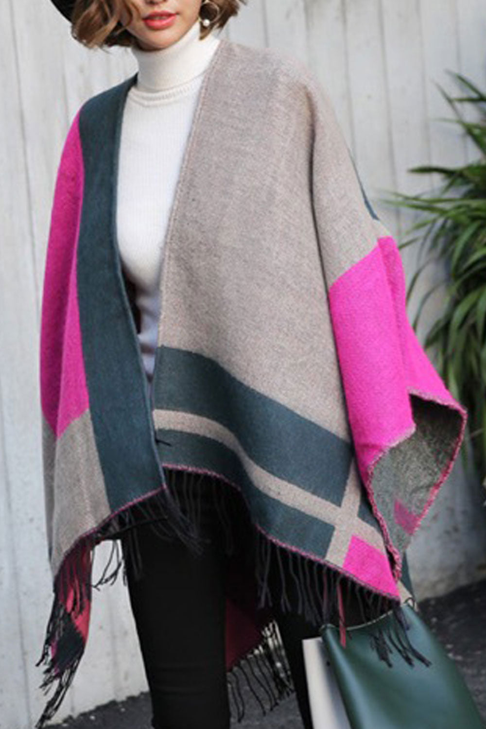 Women Autumn Winter Contrast Color Tassel Decorated Warm Shawl