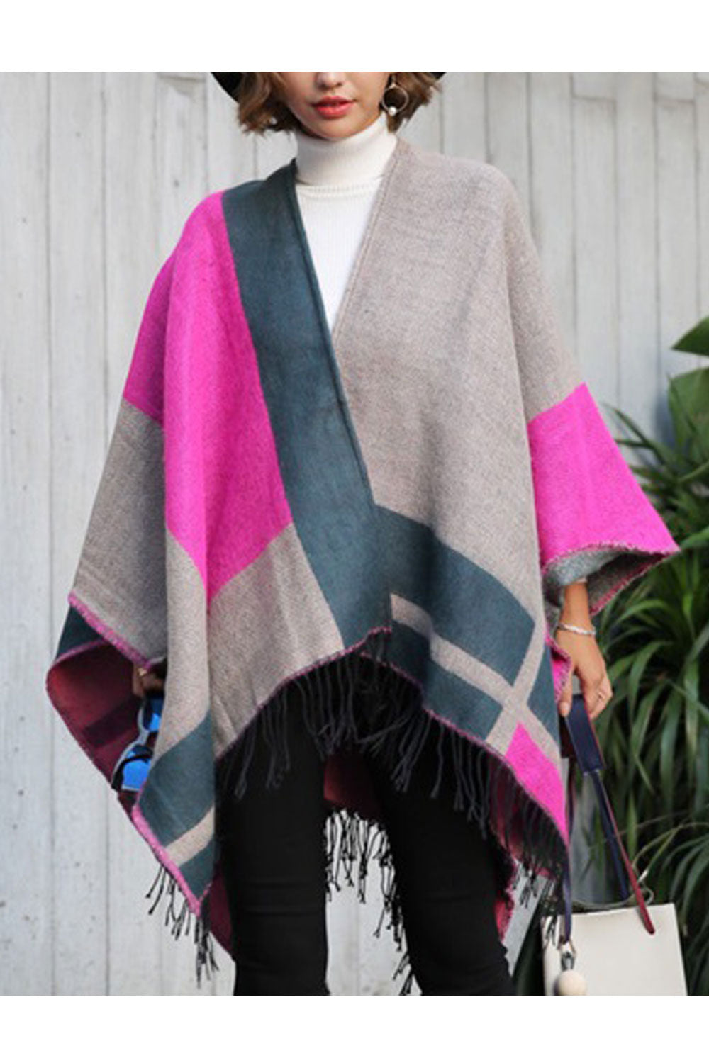 Women Autumn Winter Contrast Color Tassel Decorated Warm Shawl