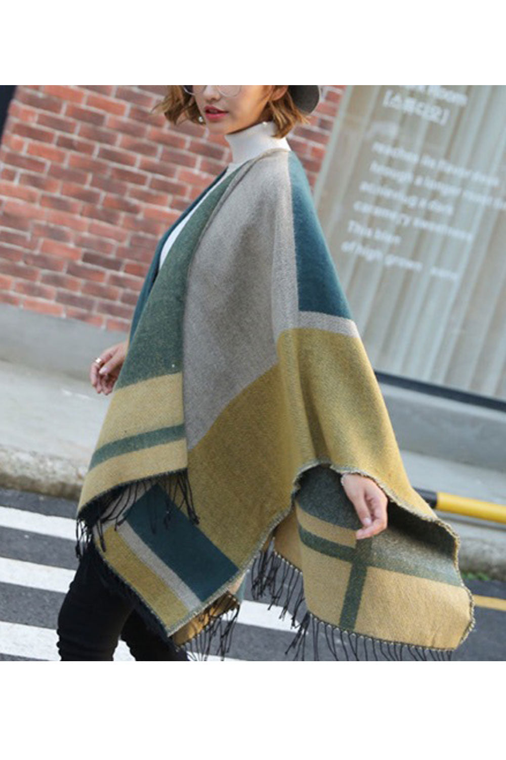 Women Autumn Winter Contrast Color Tassel Decorated Warm Shawl