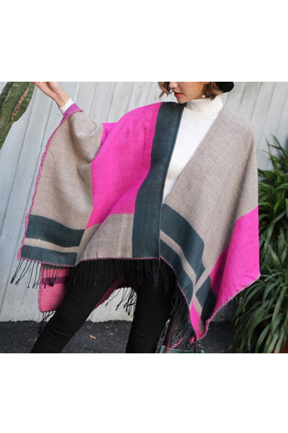Women Autumn Winter Contrast Color Tassel Decorated Warm Shawl