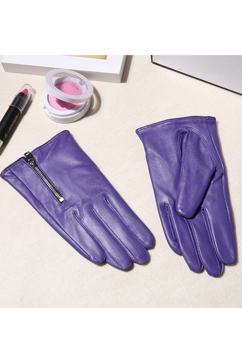 Women Lovely Warm Thick Solid Color Zipper Leather Gloves