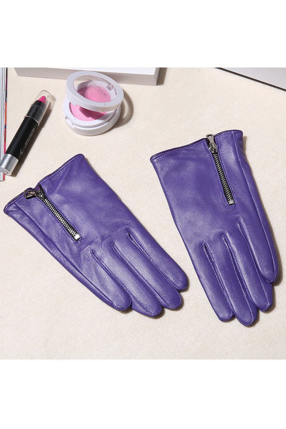 Women Lovely Warm Thick Solid Color Zipper Leather Gloves