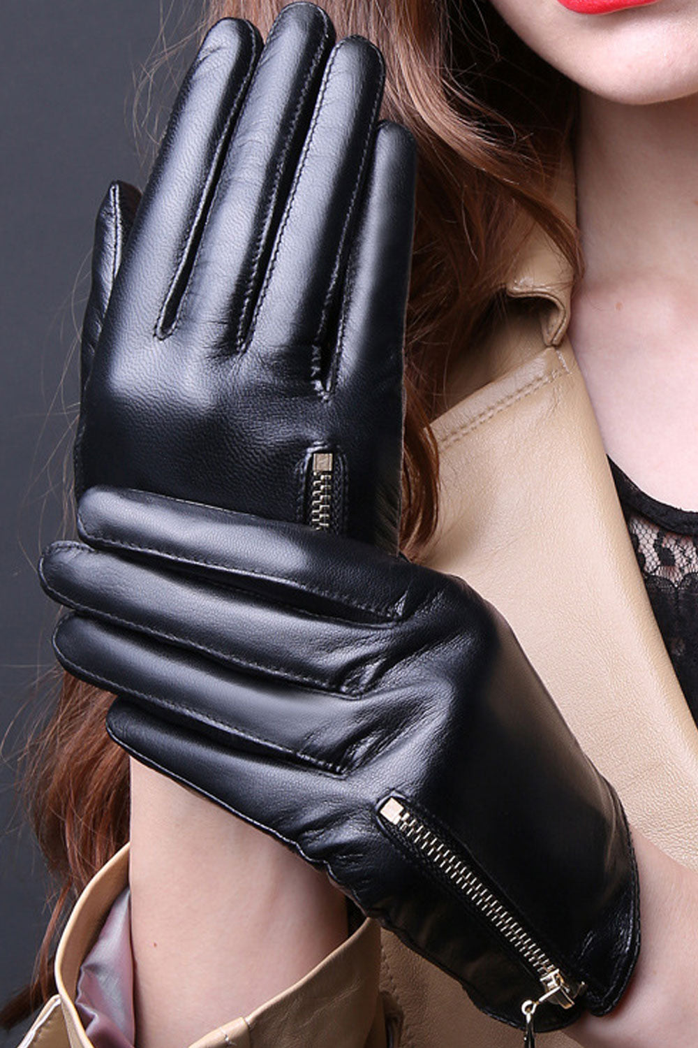 Women Lovely Warm Thick Solid Color Zipper Leather Gloves