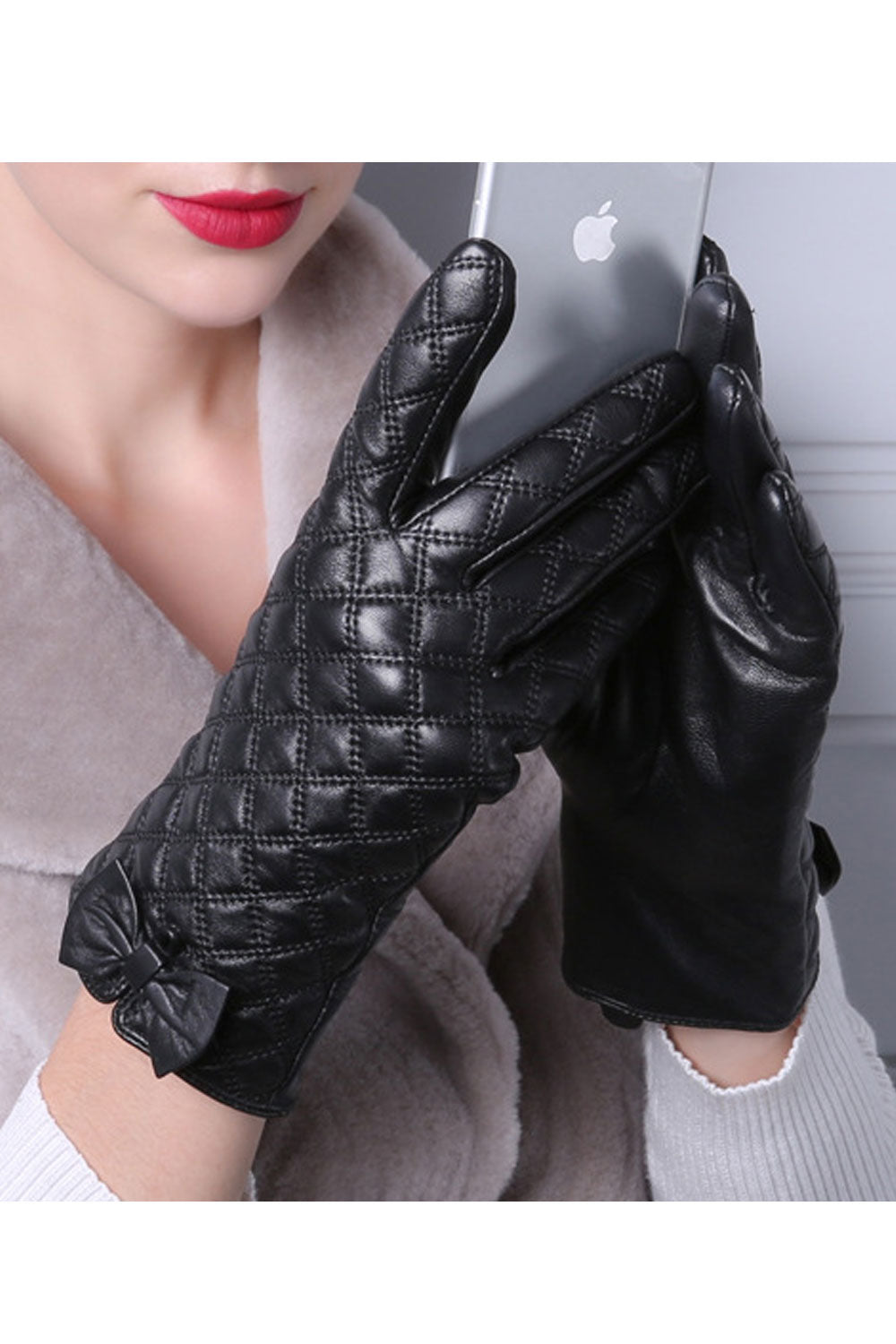 Women Fashion Lattice Pattern Bow Warm Thick Gloves