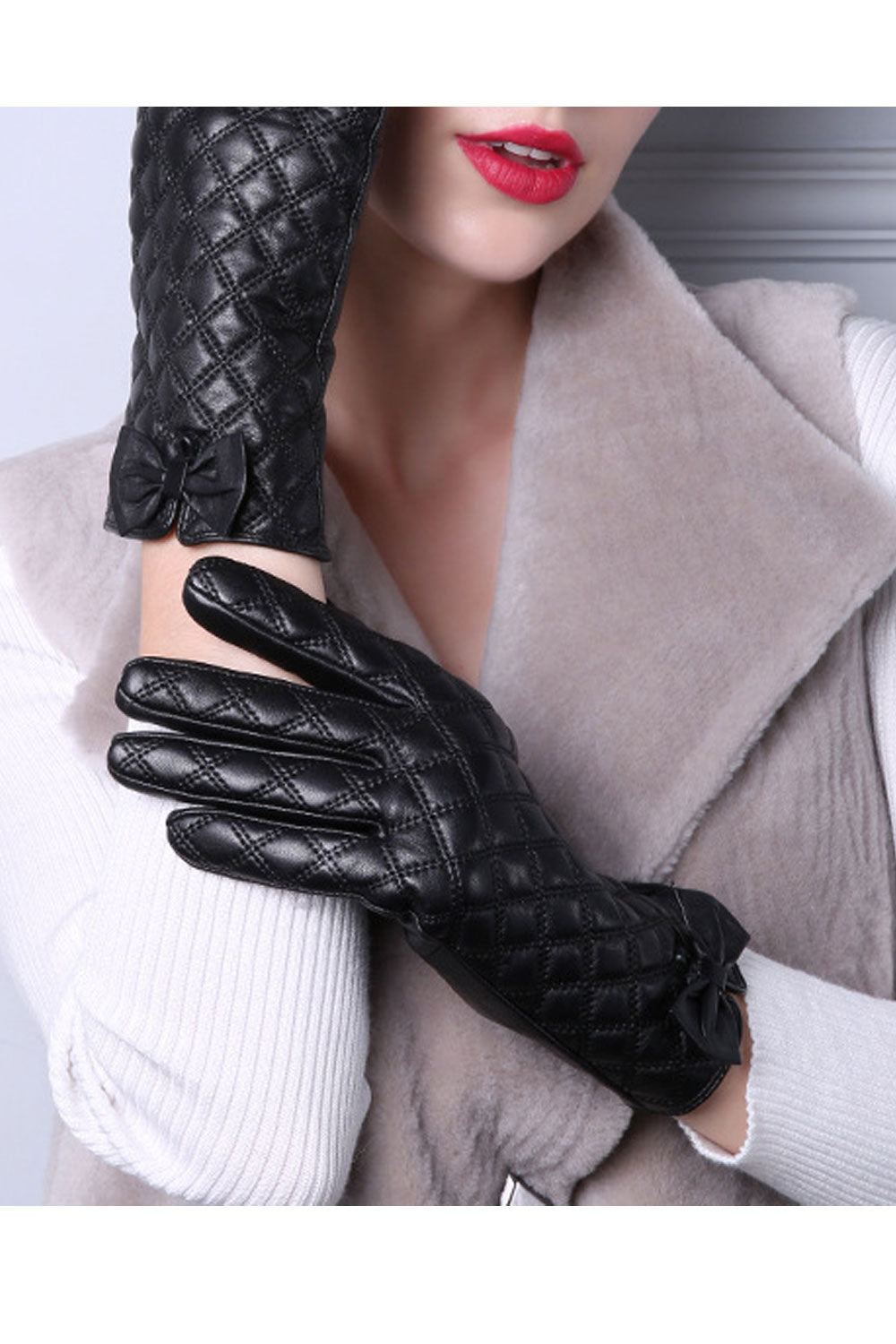 Women Fashion Lattice Pattern Bow Warm Thick Gloves