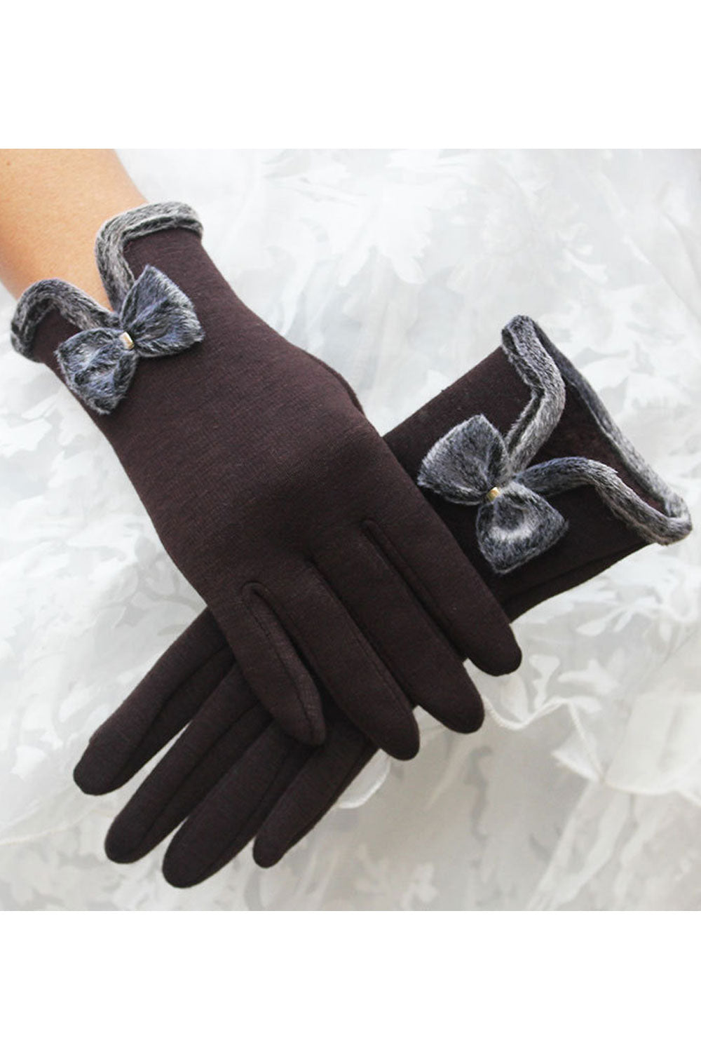 Women Cute Bow Tie Thick Warm Solid Color Leather Gloves