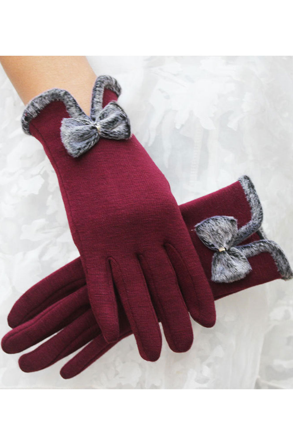 Women Cute Bow Tie Thick Warm Solid Color Leather Gloves