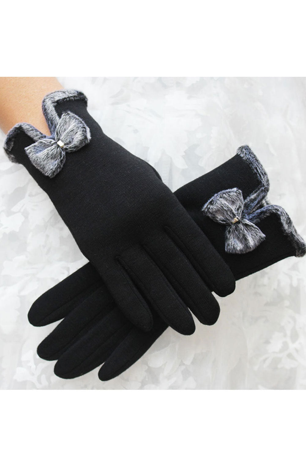 Women Cute Bow Tie Thick Warm Solid Color Leather Gloves