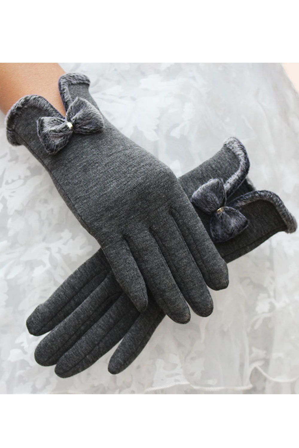 Women Cute Bow Tie Thick Warm Solid Color Leather Gloves