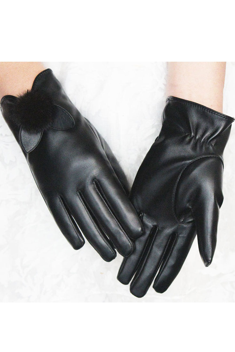 Women Stylish Thick & Warm Bow Leather Gloves