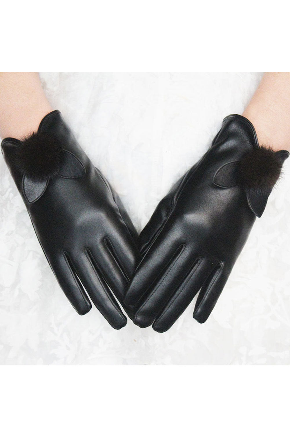 Women Stylish Thick & Warm Bow Leather Gloves