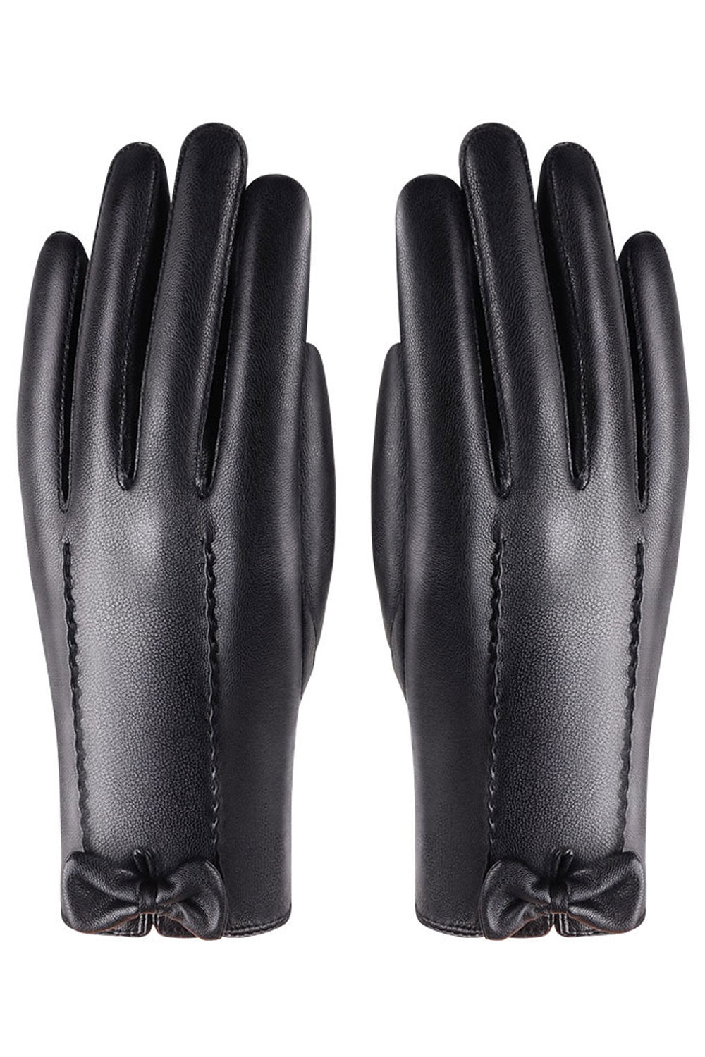 Women Stylish Bow Attached Solid Colored Warm Leather Gloves