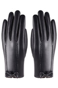 Women Stylish Bow Attached Solid Colored Warm Leather Gloves