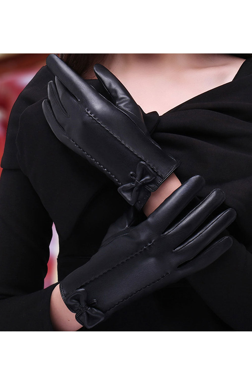 Women Stylish Bow Attached Solid Colored Warm Leather Gloves