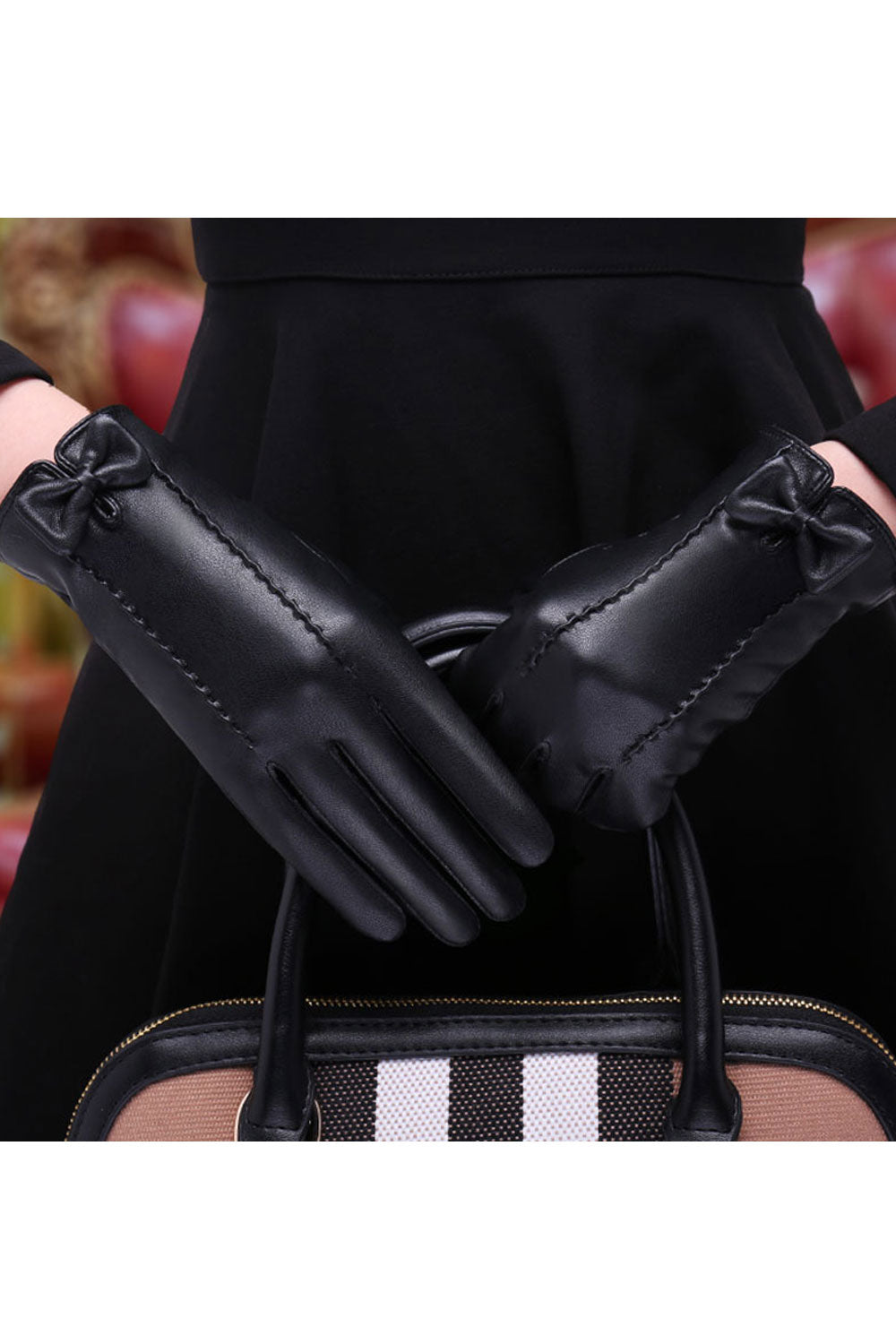 Women Stylish Bow Attached Solid Colored Warm Leather Gloves