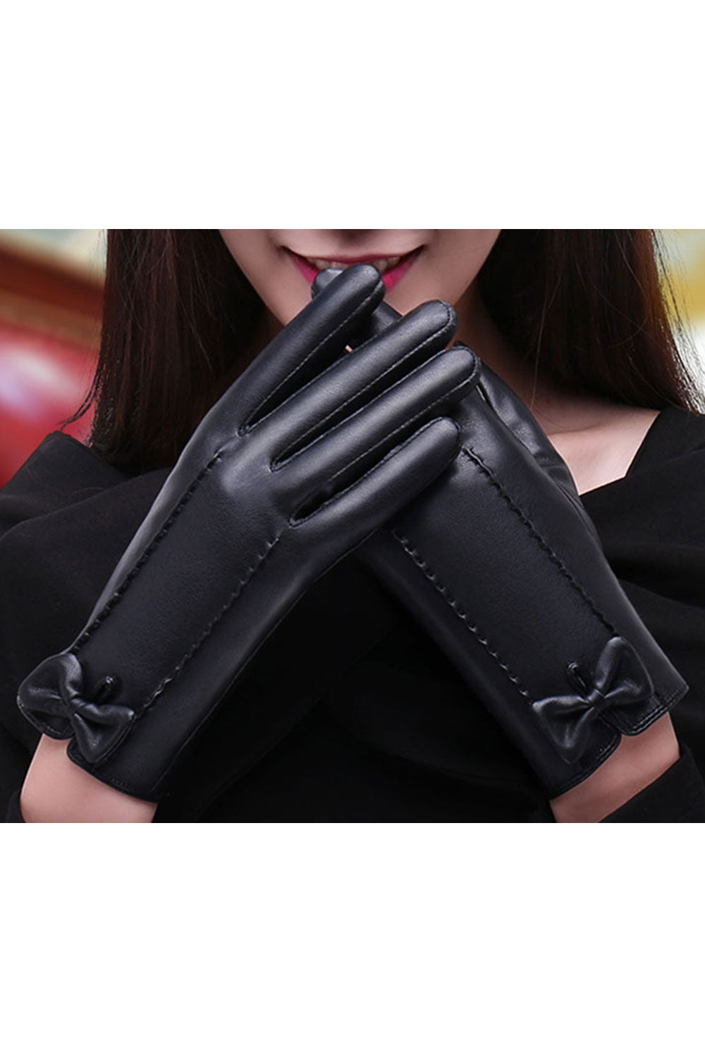 Women Stylish Bow Attached Solid Colored Warm Leather Gloves