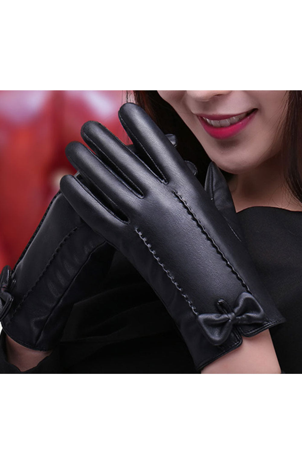 Women Stylish Bow Attached Solid Colored Warm Leather Gloves
