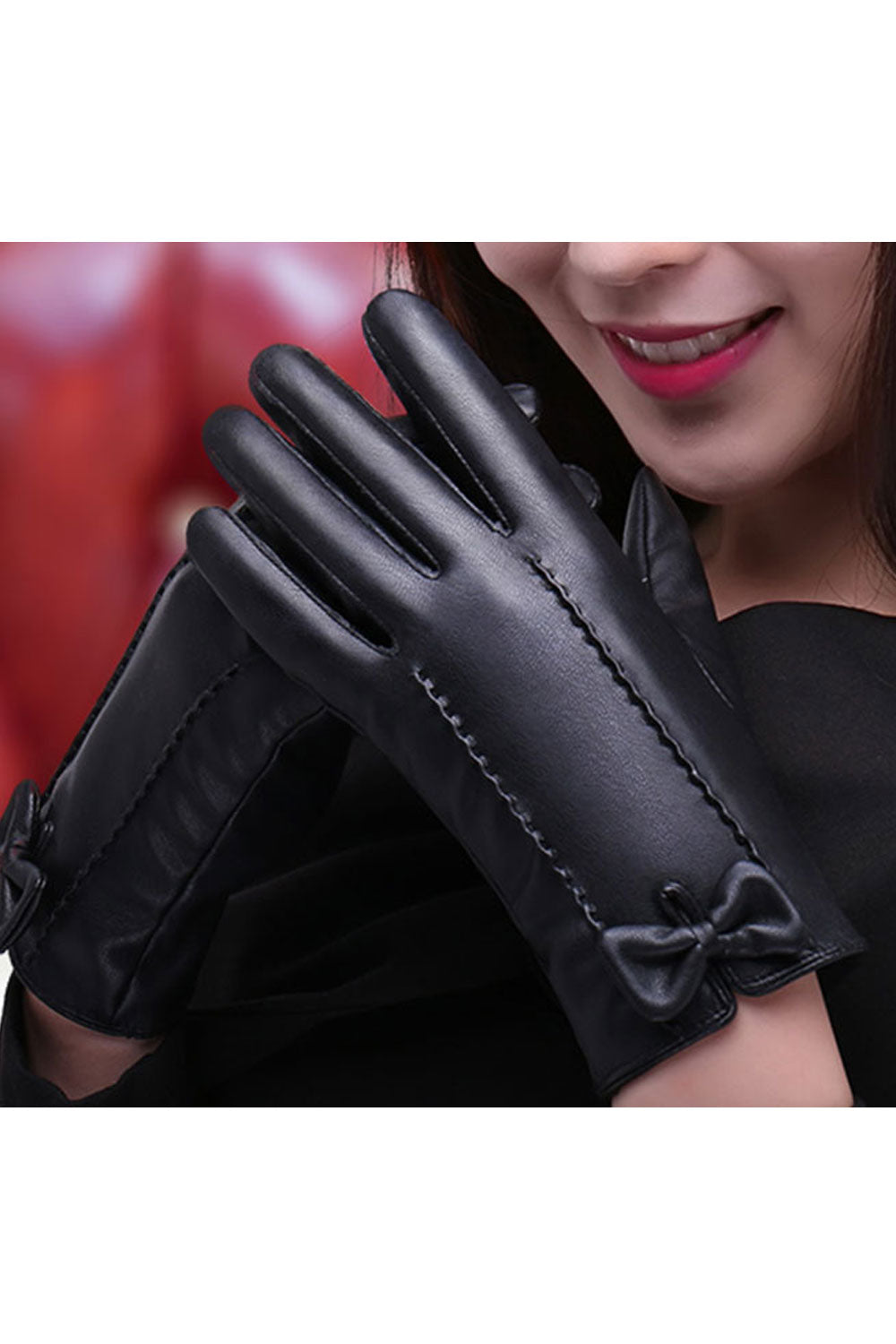 Women Stylish Bow Attached Solid Colored Warm Leather Gloves
