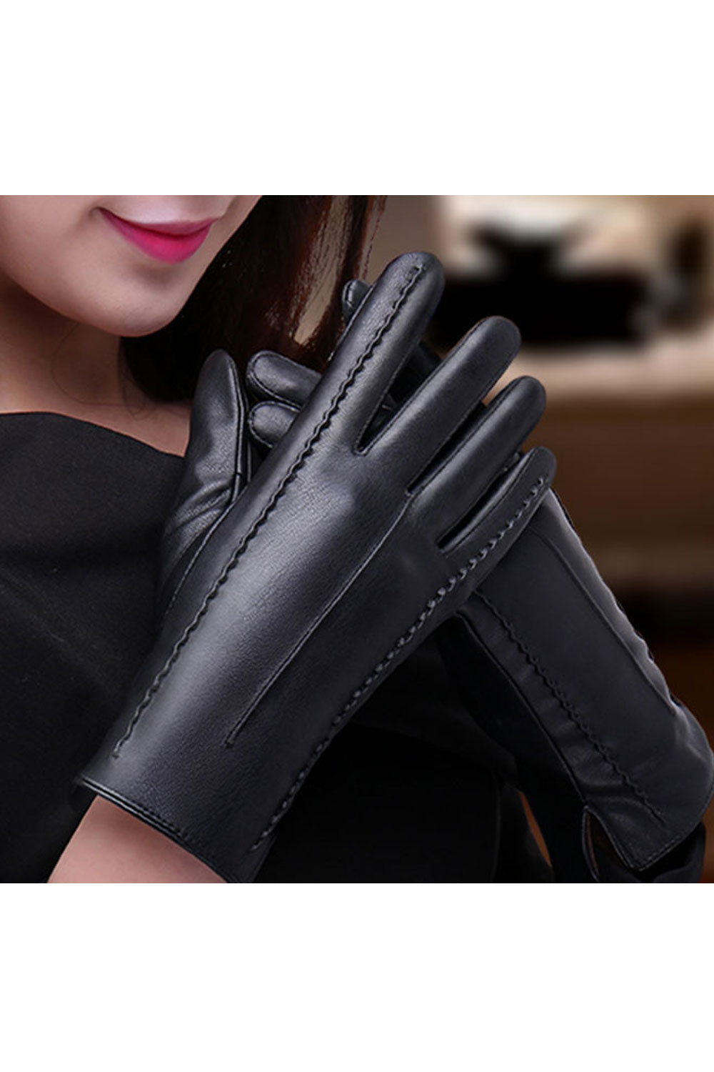 Women Solid Colored Autumn Winter Warm Leather Gloves