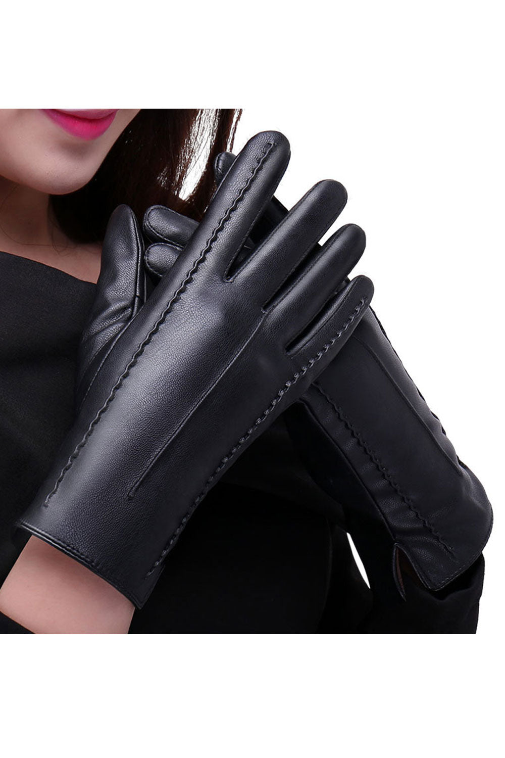 Women Solid Colored Autumn Winter Warm Leather Gloves