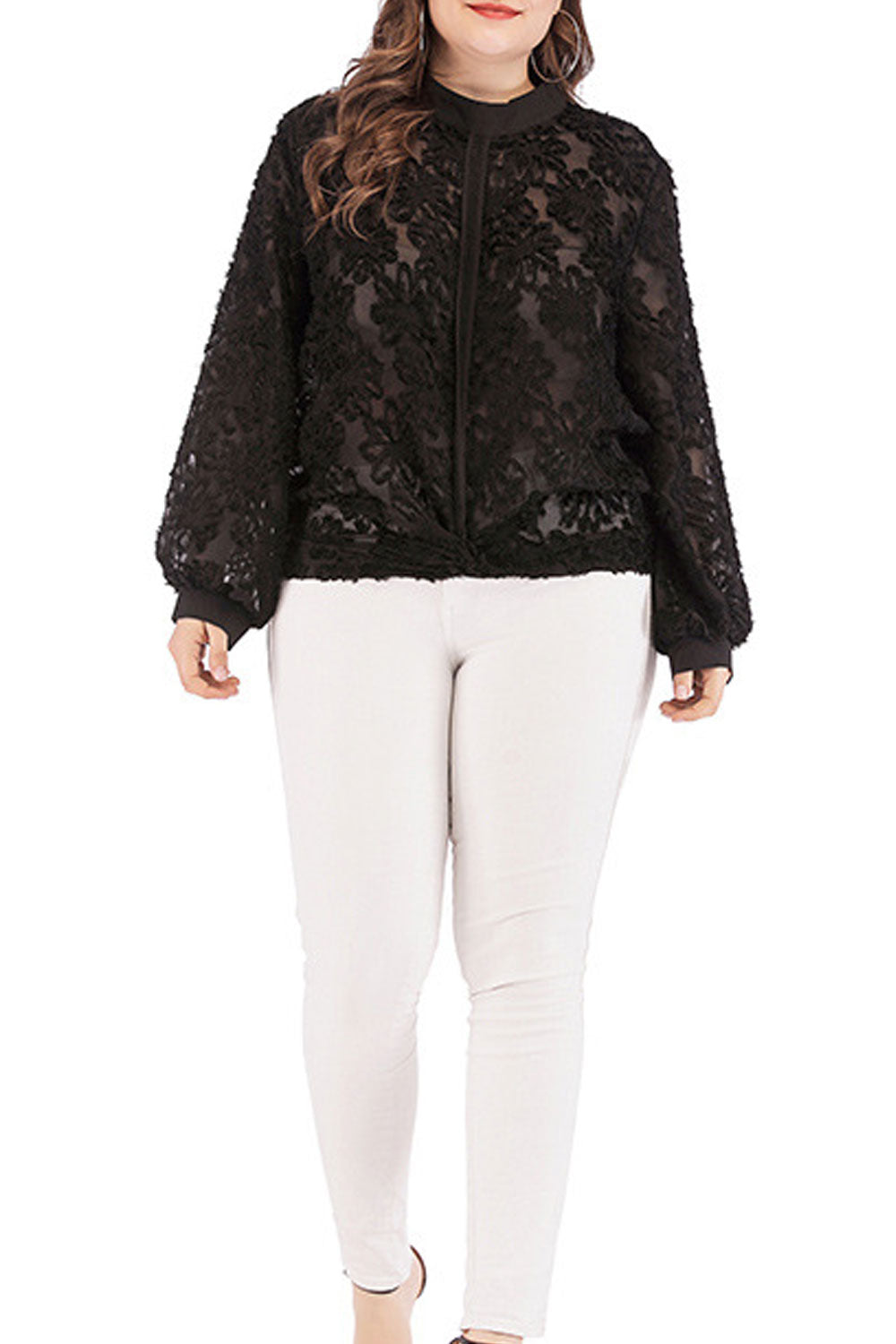 Women Dazzling Flower Lace Stand Collar Long Sleeve Top