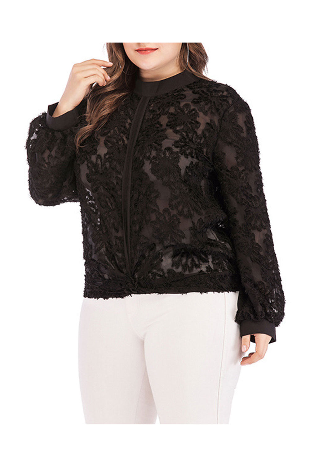 Women Dazzling Flower Lace Stand Collar Long Sleeve Top