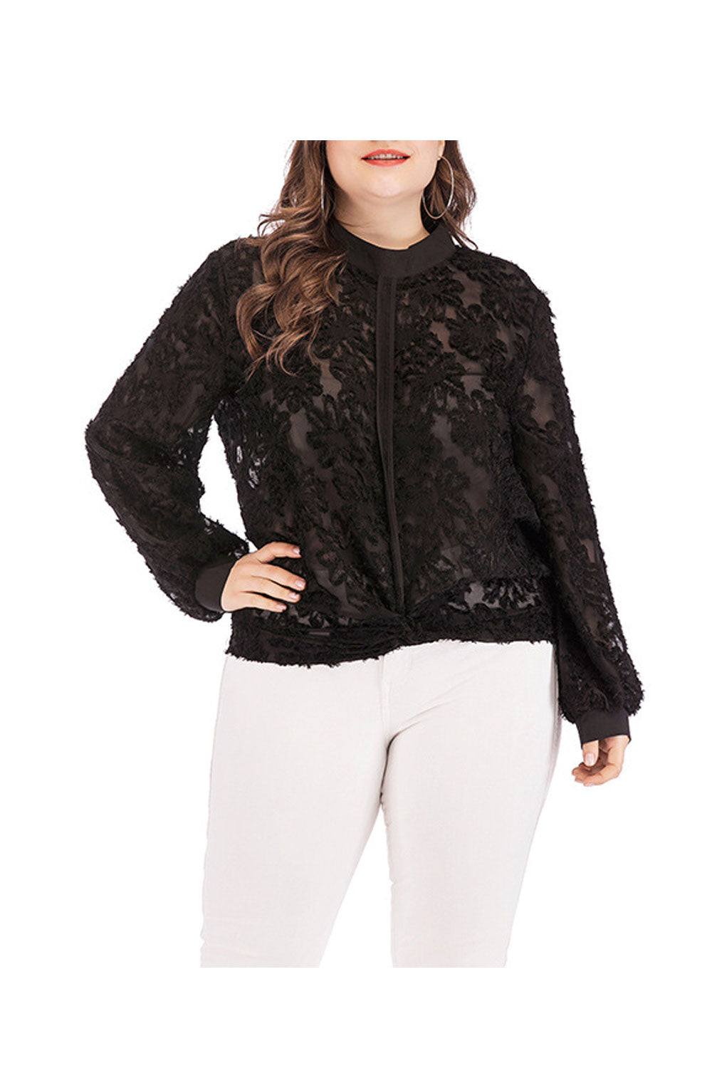 Women Dazzling Flower Lace Stand Collar Long Sleeve Top