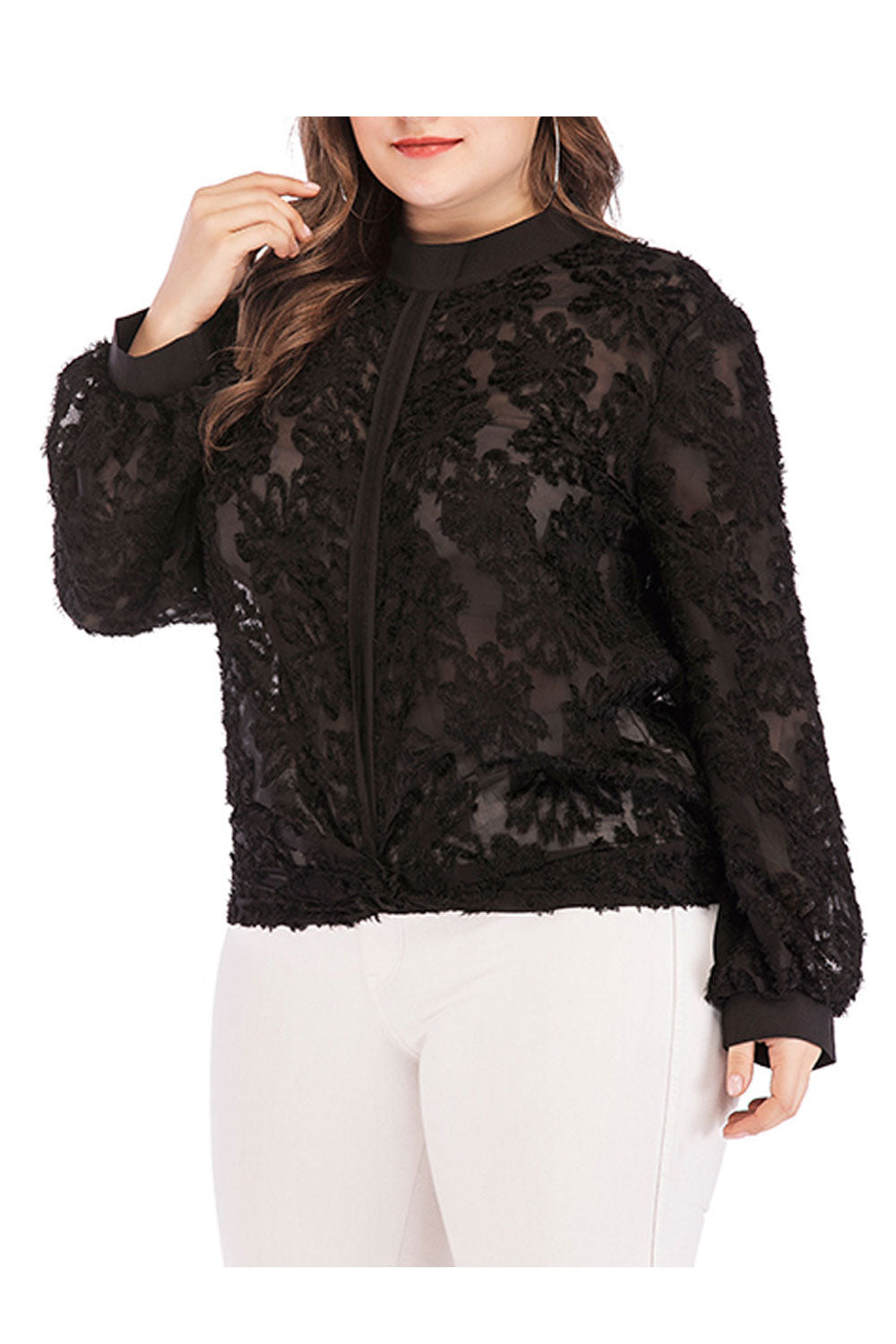 Women Dazzling Flower Lace Stand Collar Long Sleeve Top