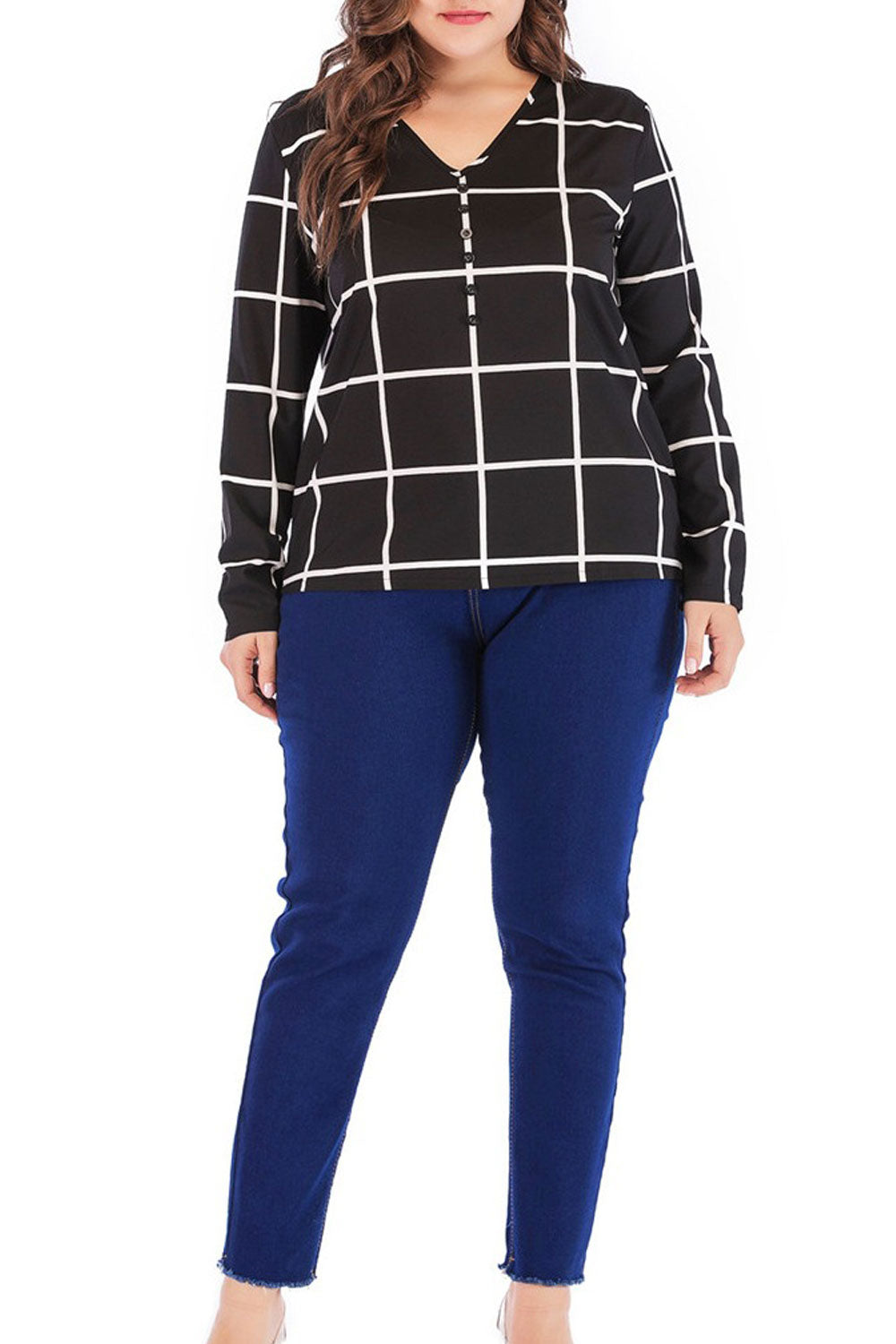 Women Lovely Long Sleeves Plaid Pattern Top