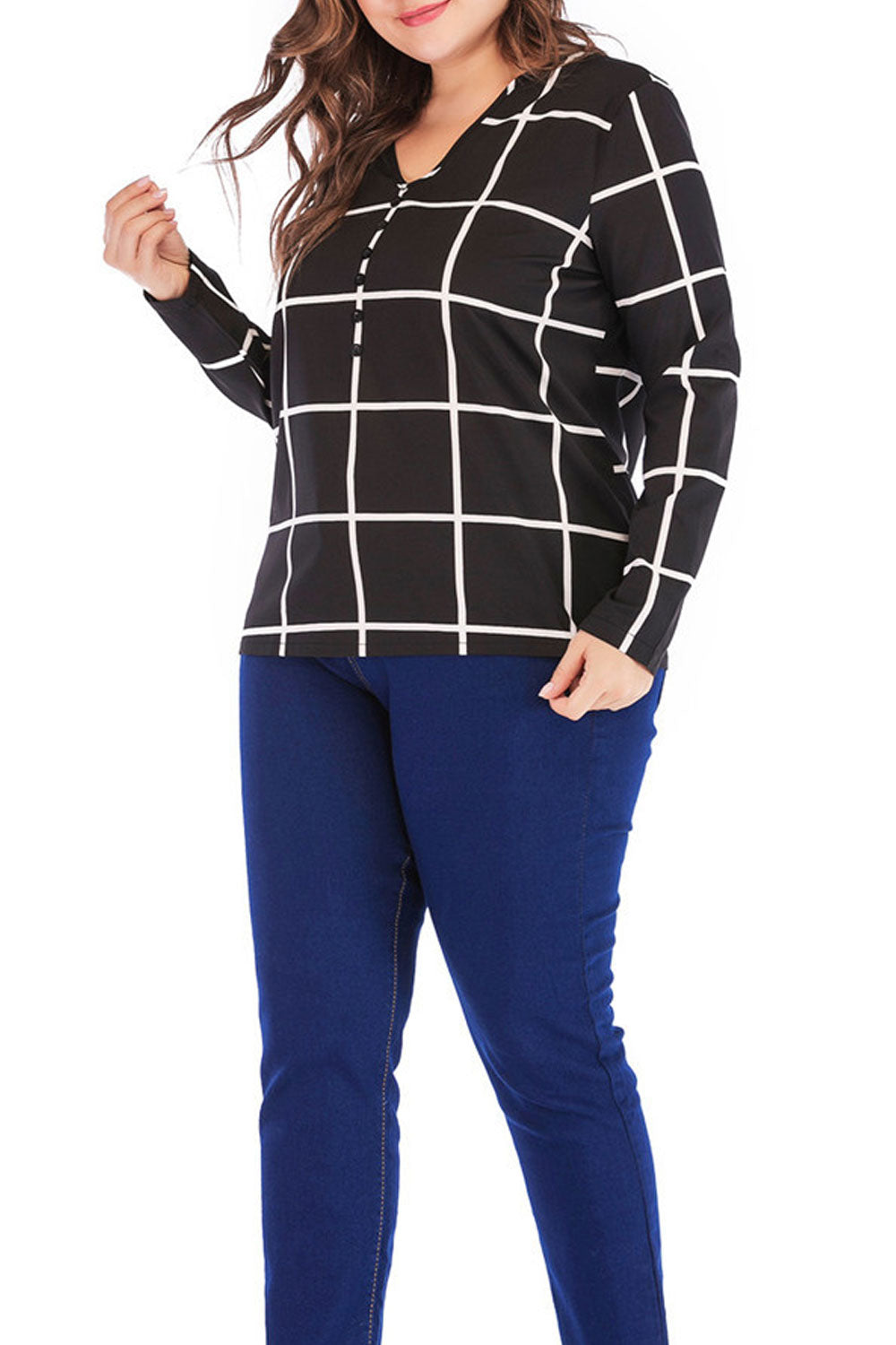 Women Lovely Long Sleeves Plaid Pattern Top
