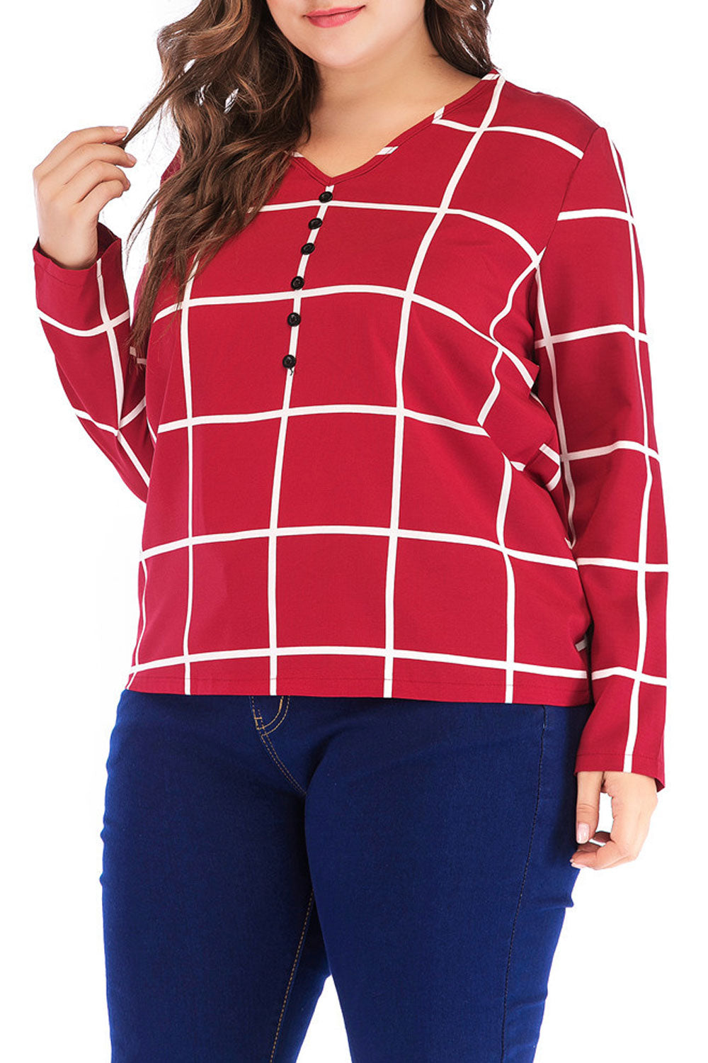 Women Lovely Long Sleeves Plaid Pattern Top