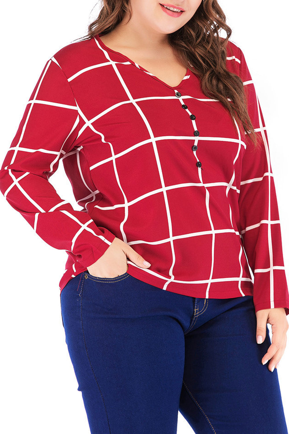 Women Lovely Long Sleeves Plaid Pattern Top