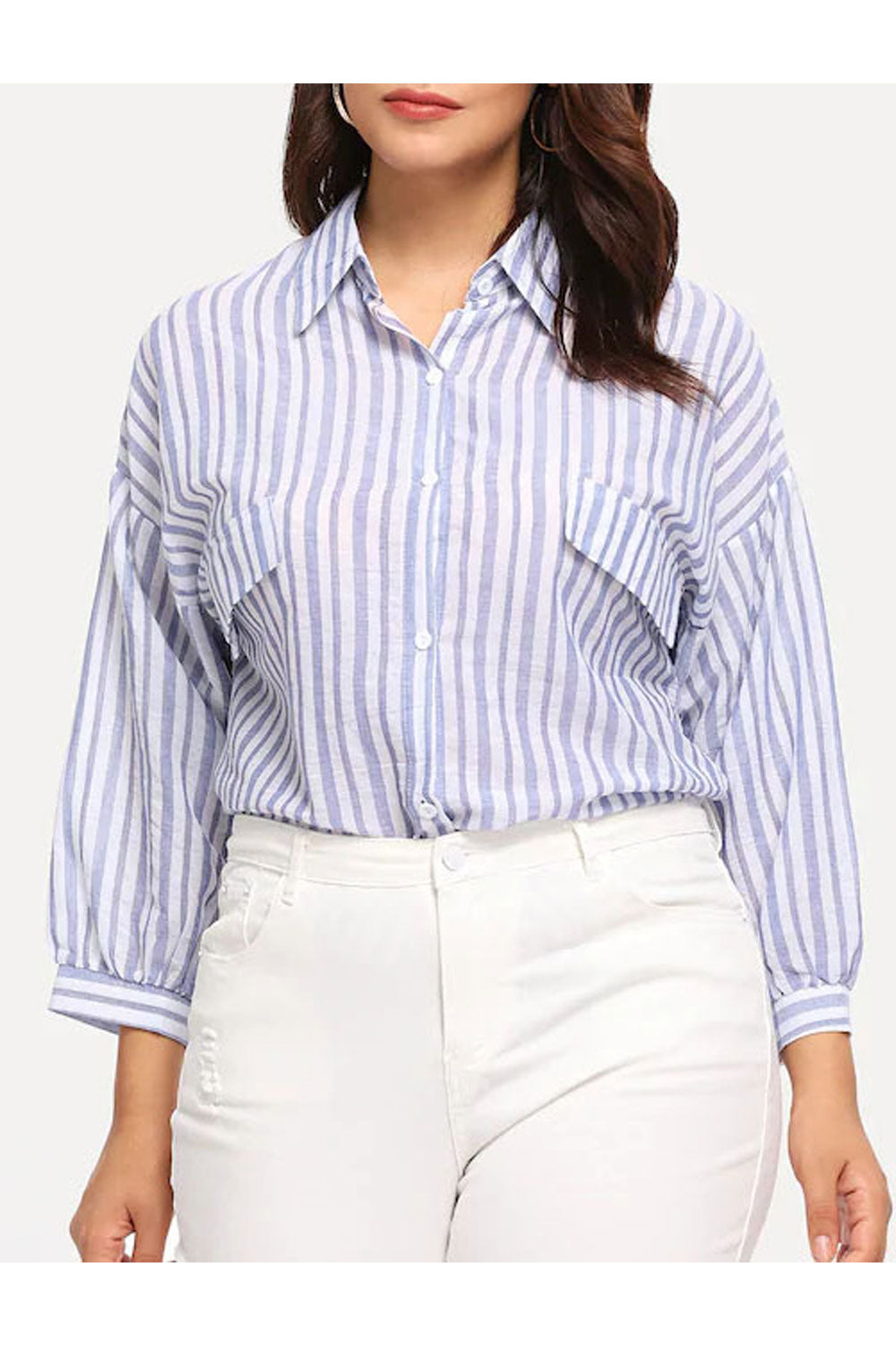 Women Classy Striped Patten Lapel Collar Top