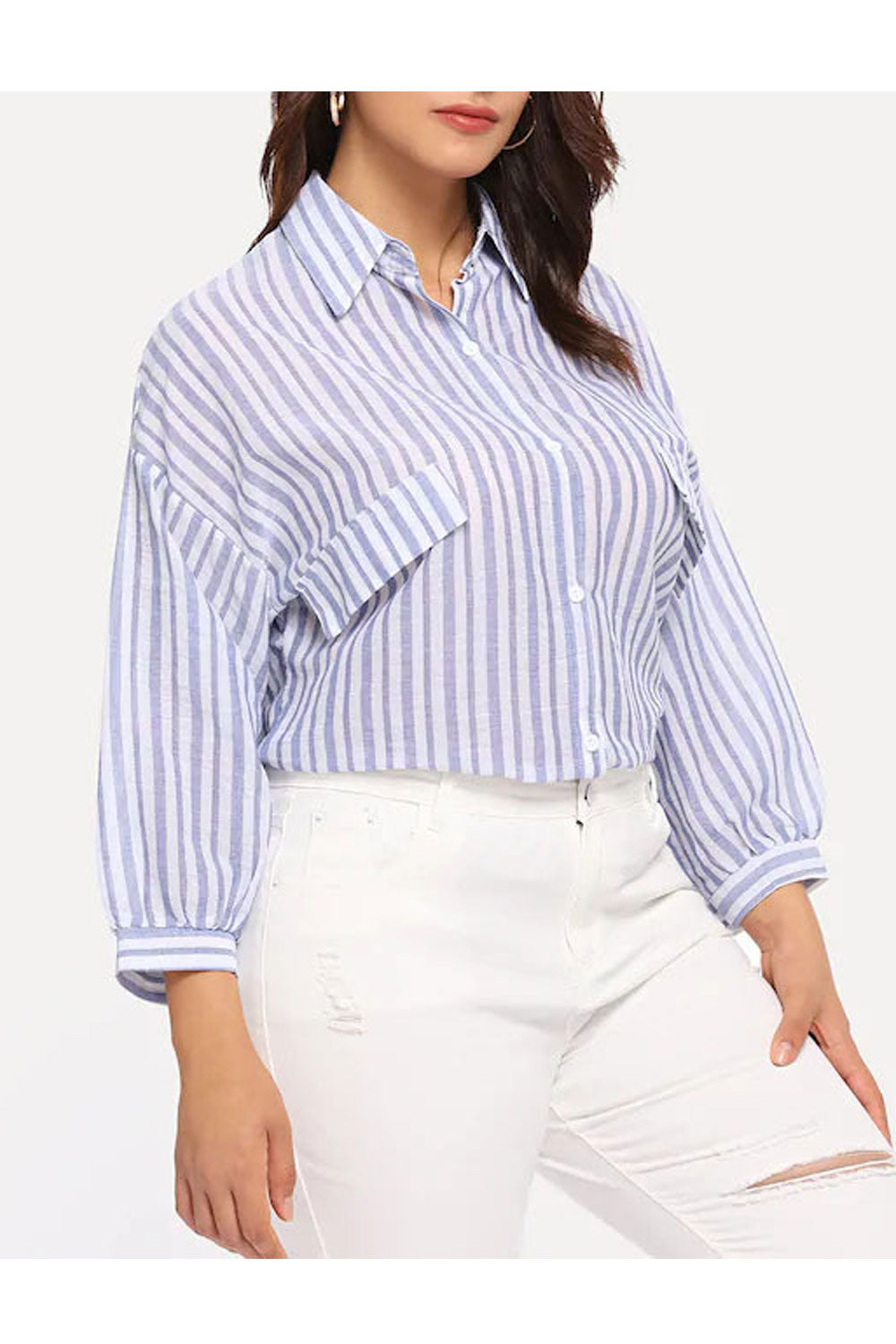 Women Classy Striped Patten Lapel Collar Top