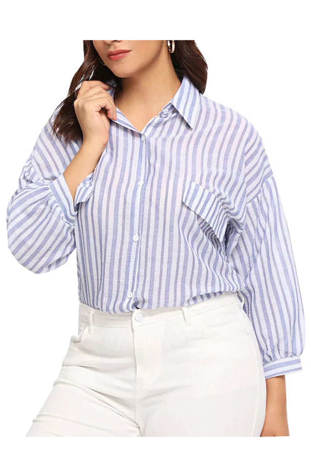 Women Classy Striped Patten Lapel Collar Top