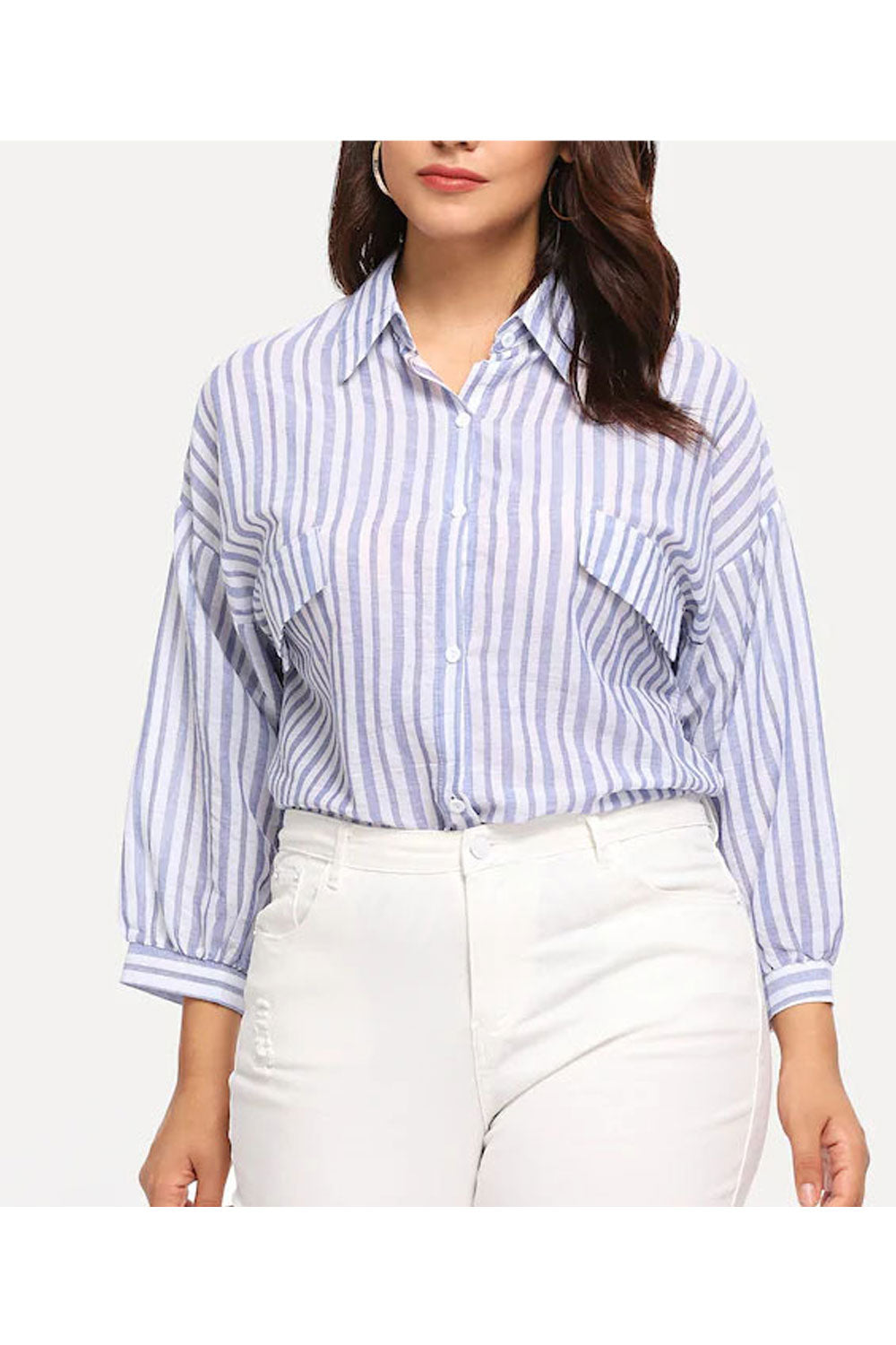 Women Classy Striped Patten Lapel Collar Top