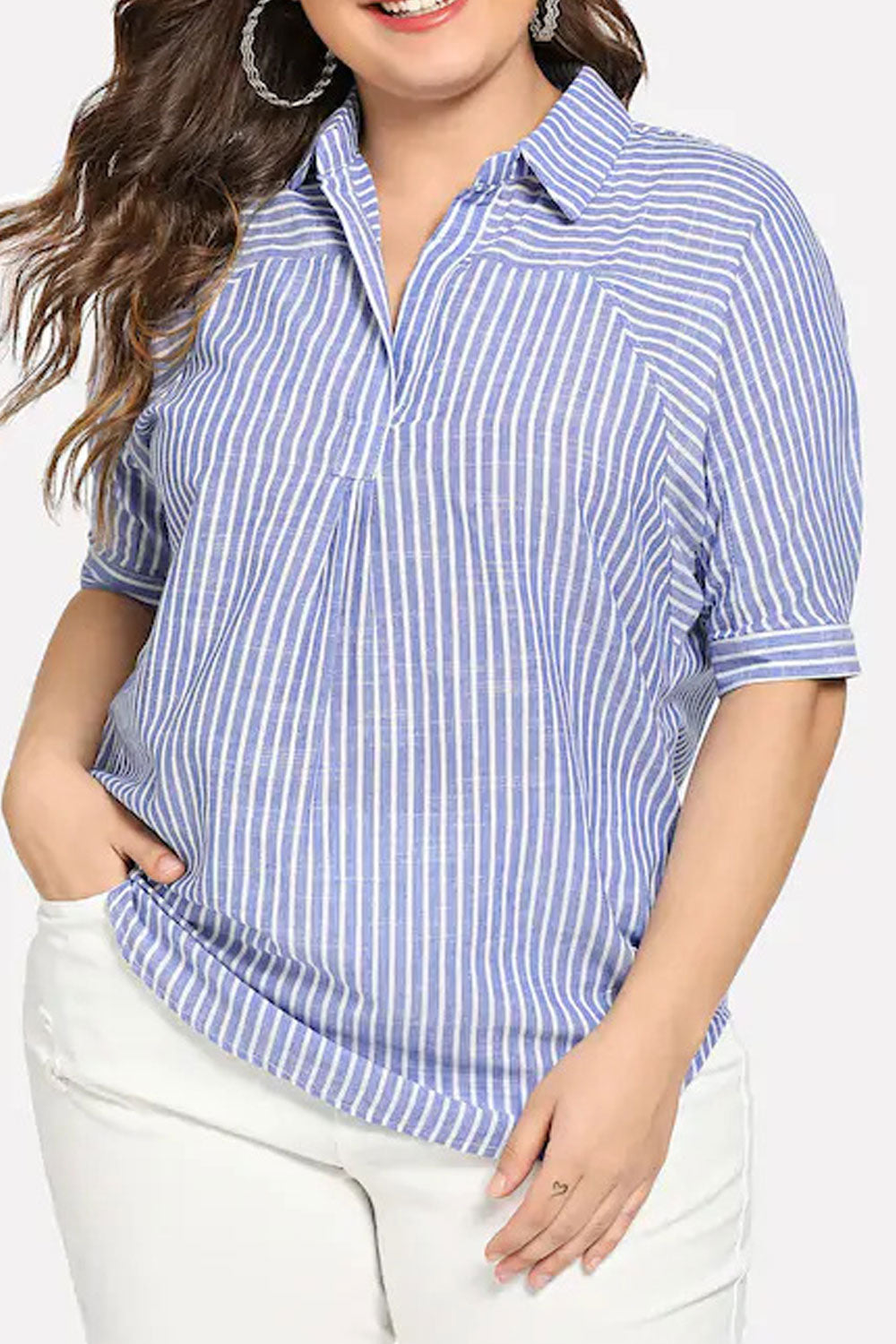 Women Elegant Striped Pattern Lapel Collar Top