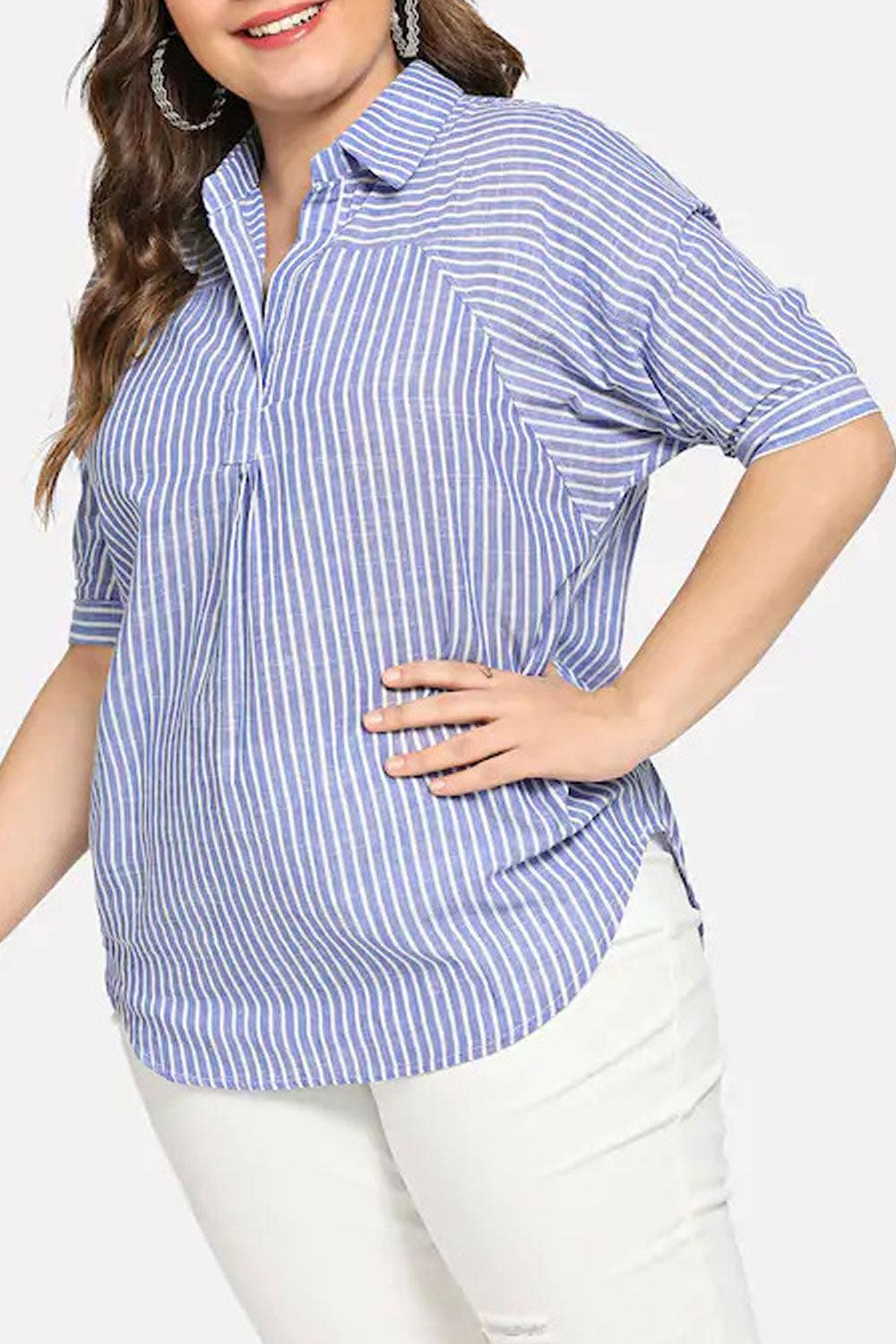 Women Elegant Striped Pattern Lapel Collar Top