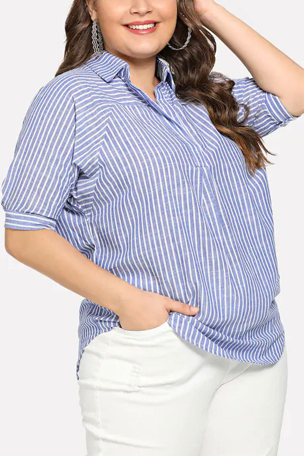 Women Elegant Striped Pattern Lapel Collar Top